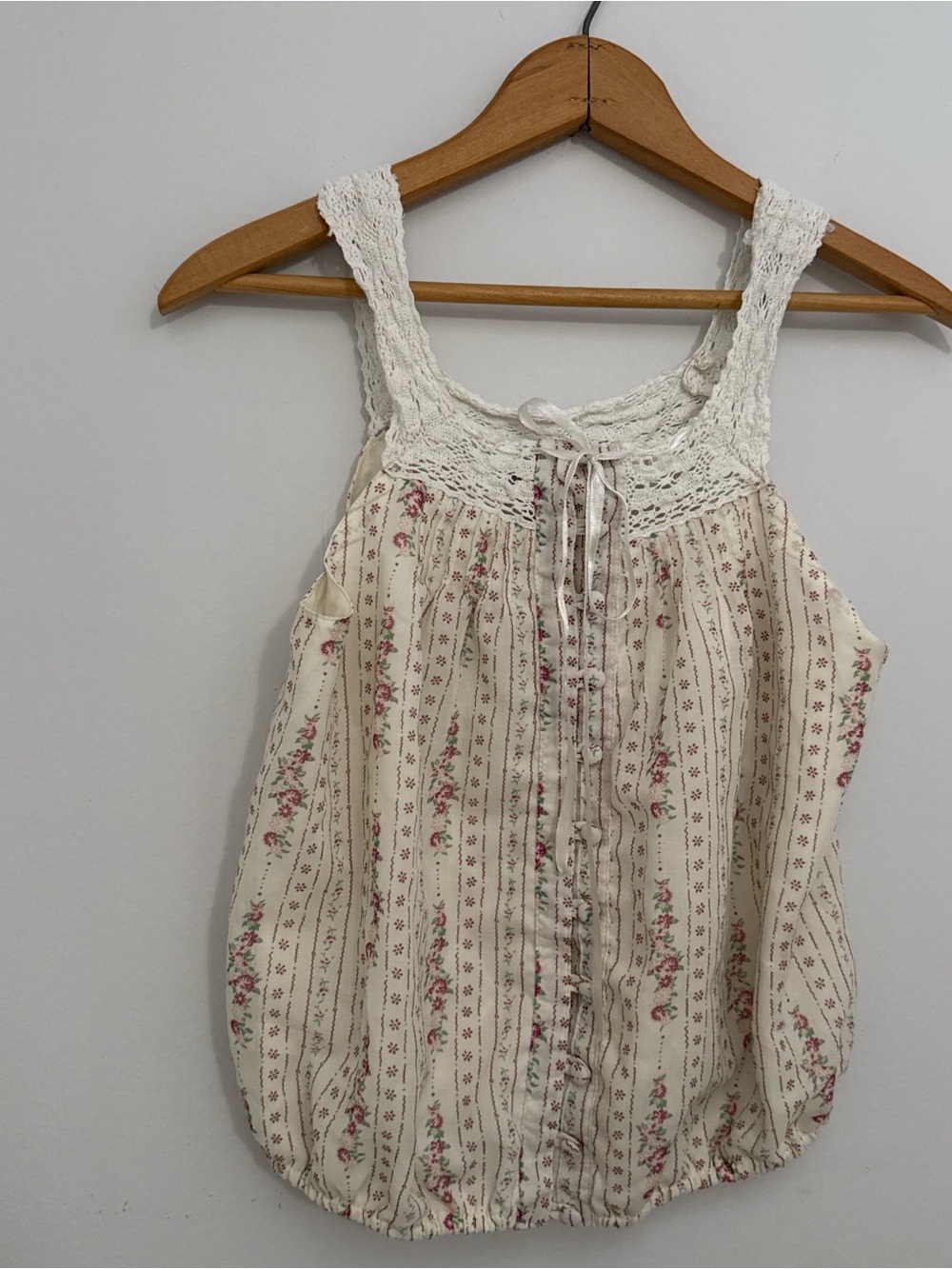 Crochet Yoke Floral Stripe Tank Top - Cream with Pink Floral Boho Romantic